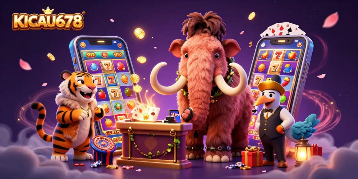KICAU678 casino scene with a mammoth bouncer and saber-tooth tiger checking IDs while playing games.