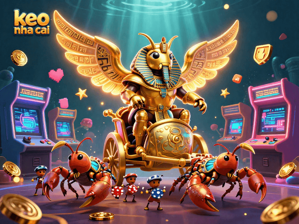 Experience thrilling keo nha cai betting with a dynamic scene featuring a colossal golden scarab beetle and casino elements.