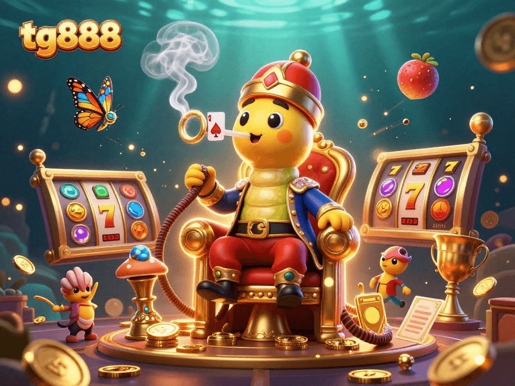 Experience the thrill of tg888 with a dynamic casino scene showcasing vibrant slot game elements and an enchanting caterpillar.