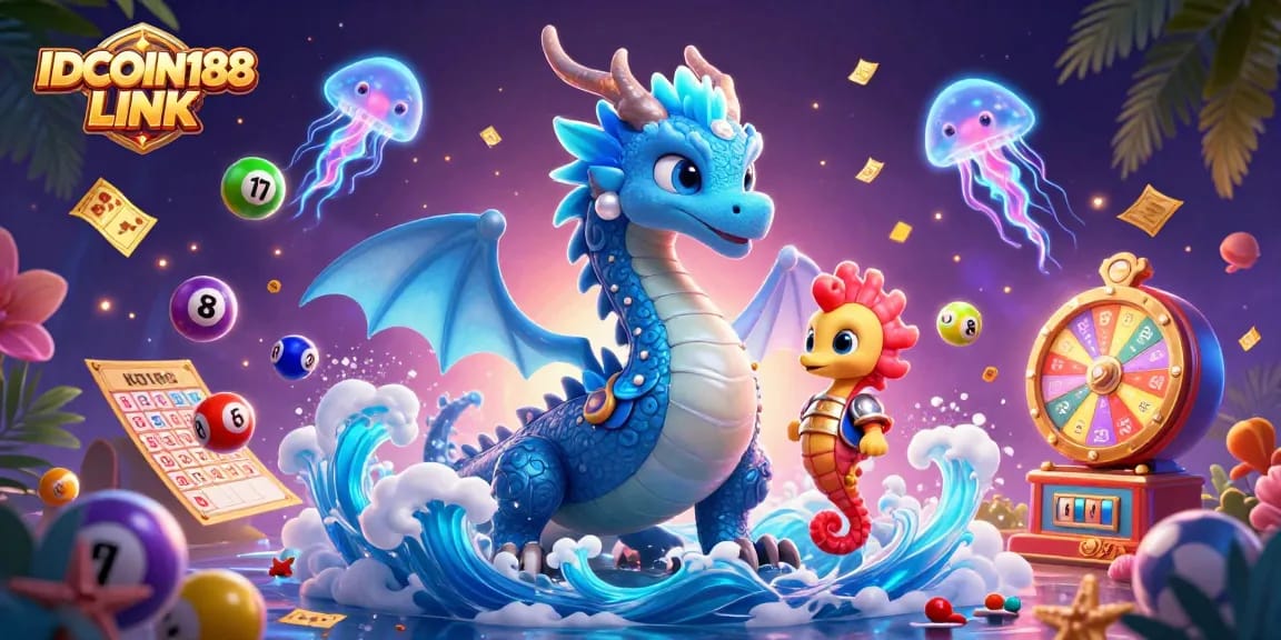 Experience the thrill of IDCOIN188 LINK with vibrant lottery and gaming elements amidst an ocean fantasy.