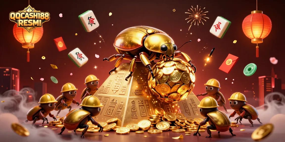 Experience dynamic gaming action with QQCASH188 RESMI featuring golden beetles and coins.