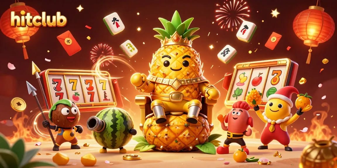 Hitclub's vibrant casino scene features a golden pineapple king amidst festive celebrations.