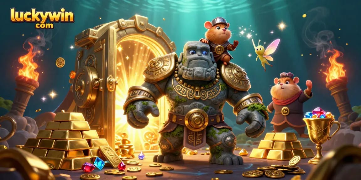 Experience thrilling gameplay at luckywin com with a golden treasure vault and dynamic casino characters.