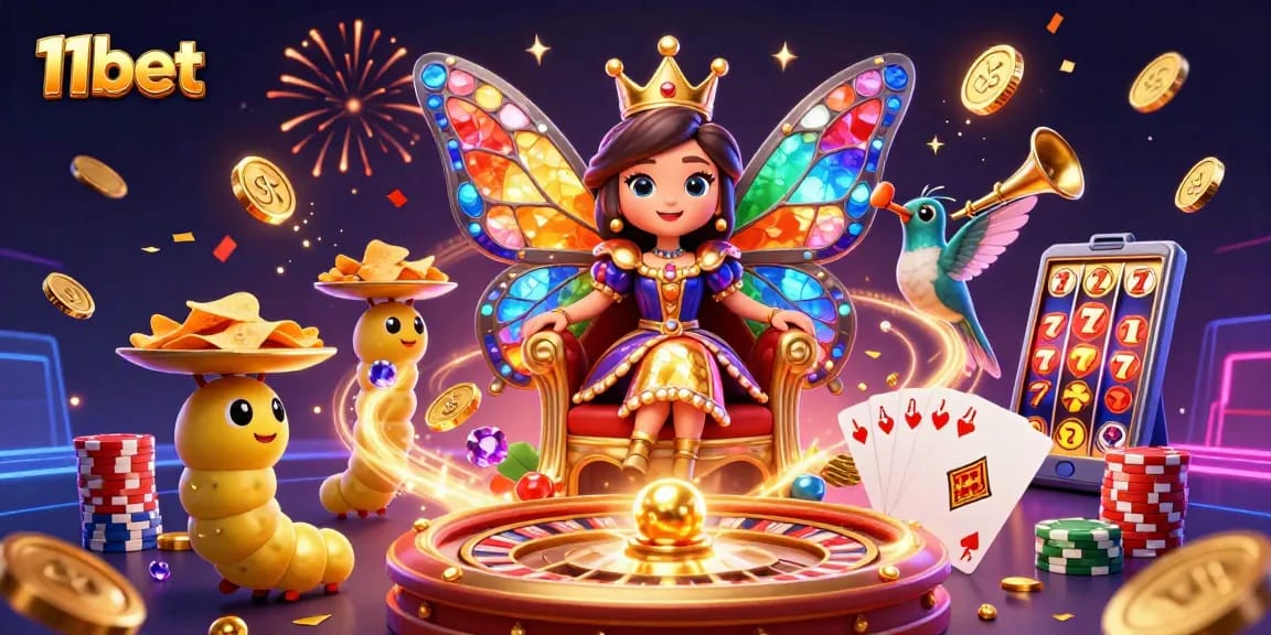 Experience gaming magic at 11bet with a dazzling butterfly queen and a vibrant casino scene