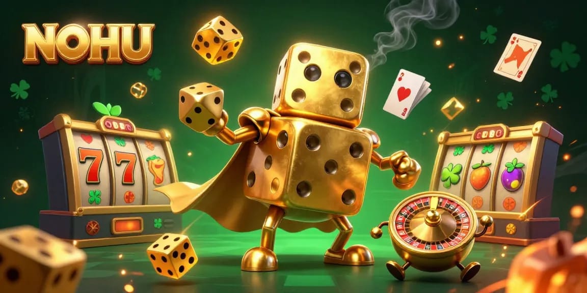 Engage with NOHU's vibrant 3D casino scene showcasing a golden dice golem, slot reel elements, and more.