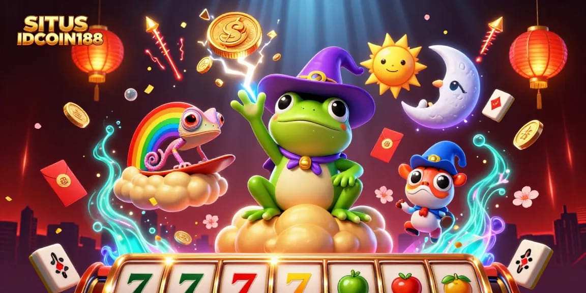 Experience the excitement of SITUS IDCOIN188 with golden coins and joyful casino elements in a vibrant 3D scene.