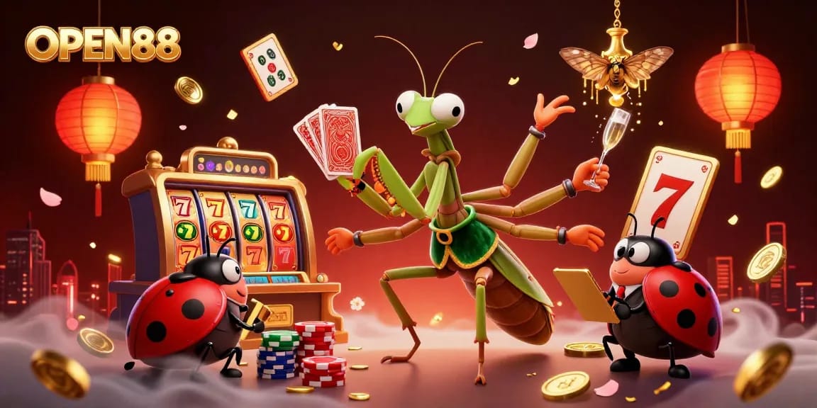 Engage with OPEN88's thrilling 3D casino scene featuring a dynamic giant praying mantis and ladybug pit boss amidst vibrant slot game elements.