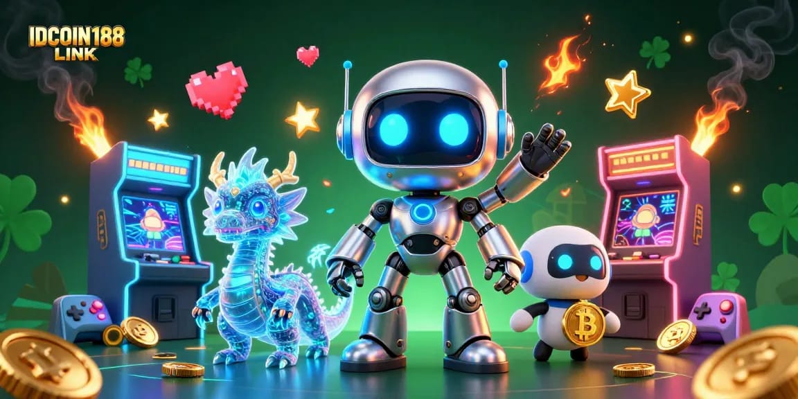 Engage with IDCOIN188 LINK through this vibrant casino-themed 3D illustration featuring digital characters and gaming elements.