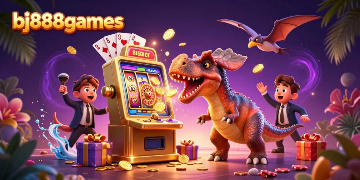 Experience thrilling wins at bj888games with a dinosaur jackpot scene featuring cartoon characters in a colorful 3D casino