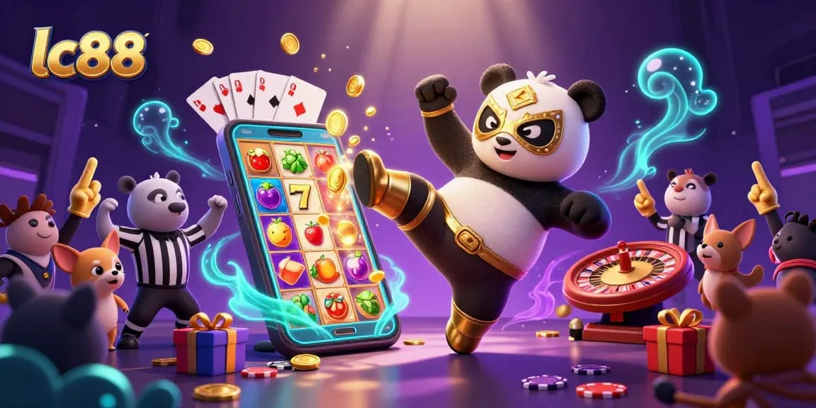lc88 showcases a dynamic casino scene with a panda wrestler, a chihuahua referee, and vibrant slot game elements.