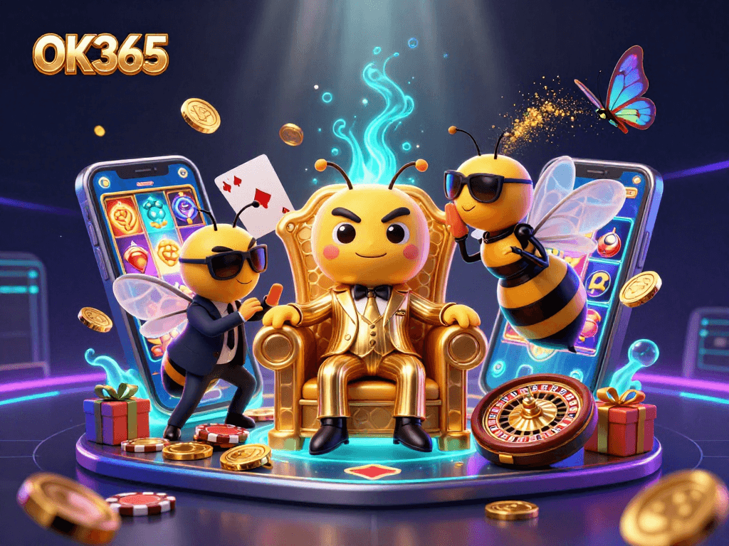Experience a vibrant OK365 casino scene with dynamic characters and exciting game elements.