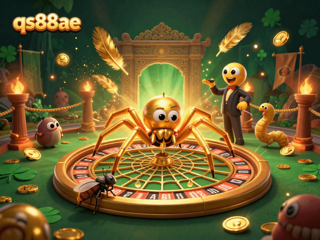 Engage in high-stakes betting at qs88ae with a golden spider and centipede croupier in a vibrant casino scene.