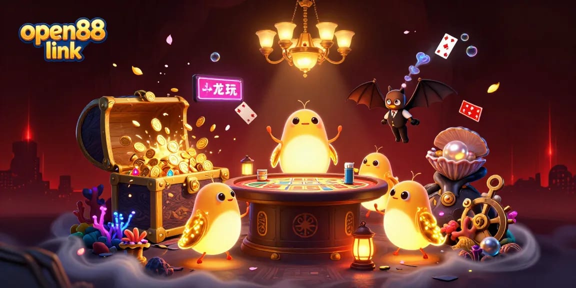 Experience unrivaled excitement with the open88 link in this vibrant casino scene filled with glowworms and games.