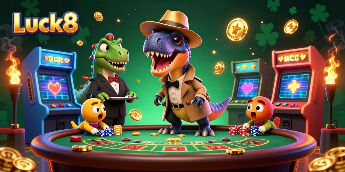 Luck8 gamblers engage in a thrilling blackjack scene with animated elements and vibrant casino energy.