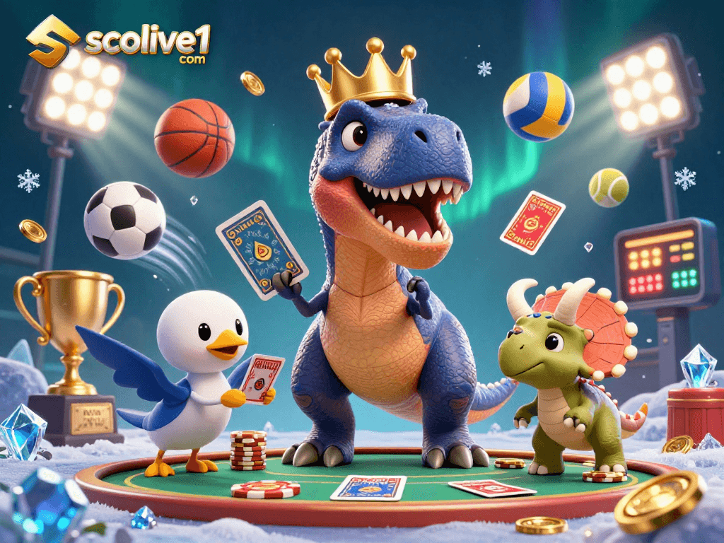 Engage with exciting sports betting action on socolive1 com, featuring T-Rex, pterodactyl, and triceratops in a dynamic casino scene.