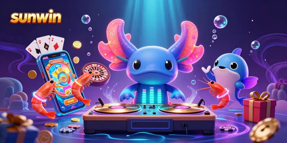 Experience the excitement of sunwin as the neon axolotl DJ spins vibrant slot games surrounded by lively sea creatures.