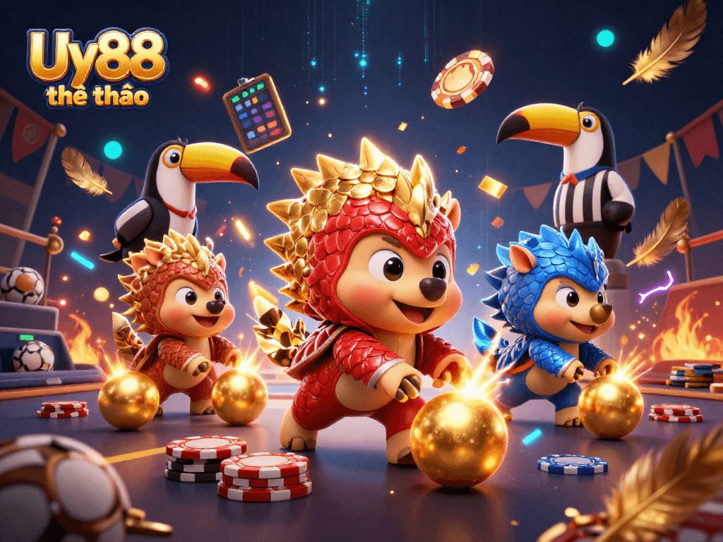 Betting sports action scene with Uy88 thể thao; cartoon pangolins and referee amidst games.