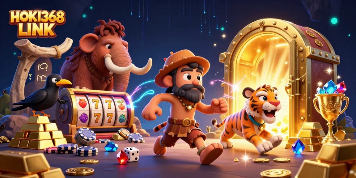 Join the fun at the HOKI368 LINK casino with caveman and tiger amid gold treasure!