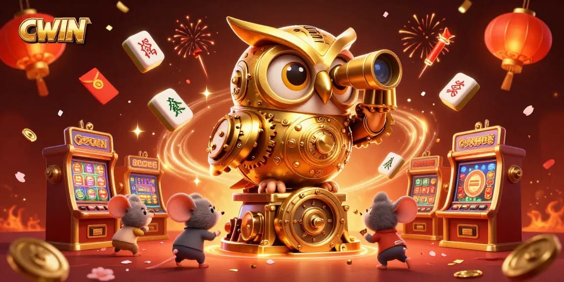 CWIN offers gamblers a thrilling experience illustrated with a clockwork owl scanning the casino floor.