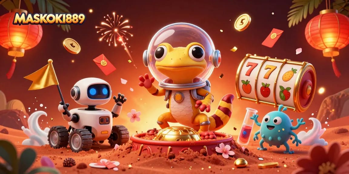 Play exciting games with MASKOKI889 and discover vibrant golden slots in a dynamic casino scene.