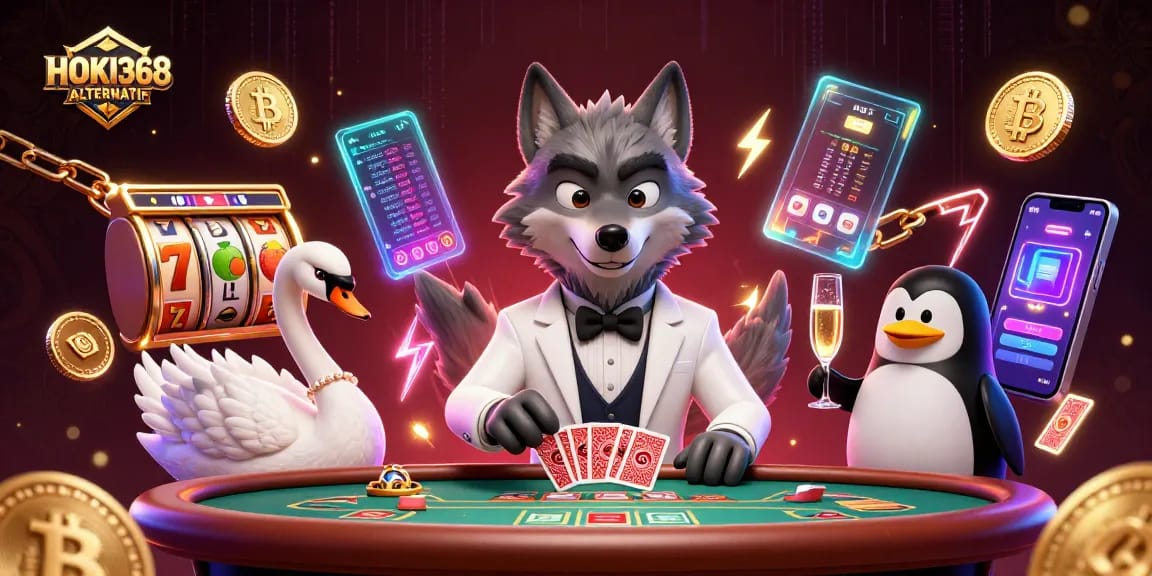 Experience exciting gaming with HOKI368 ALTERNATIF at a vibrant baccarat table with unique characters.