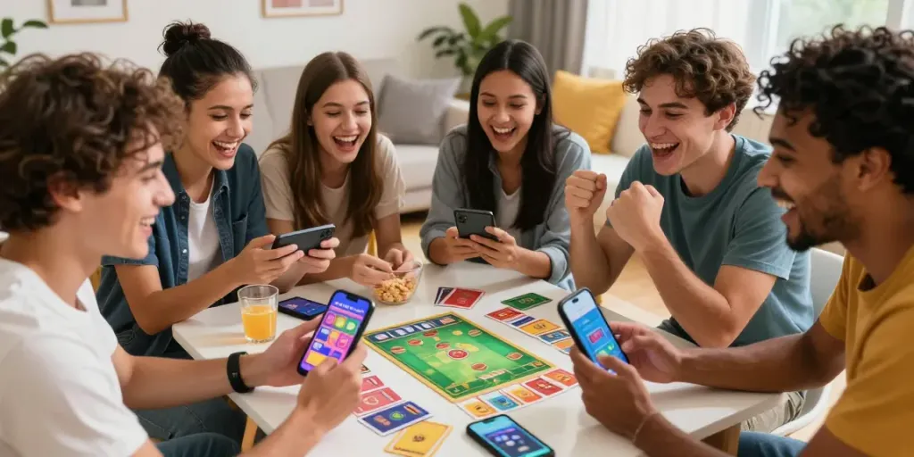 Friends enjoying a lively game of 3 Patti No1 on mobile devices, surrounded by snacks and laughter.