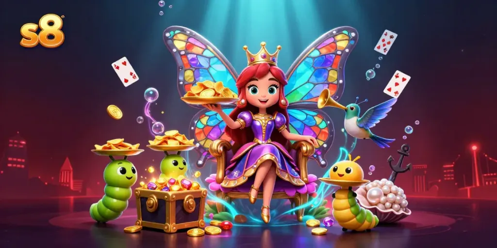 Experience thrilling moments at S8 with vibrant games and a colorful butterfly queen illustration.