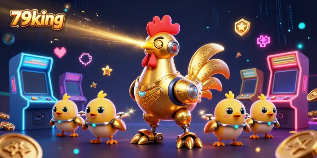 Play and win at 79king with a thrilling scene of a golden robot and baby chick drones