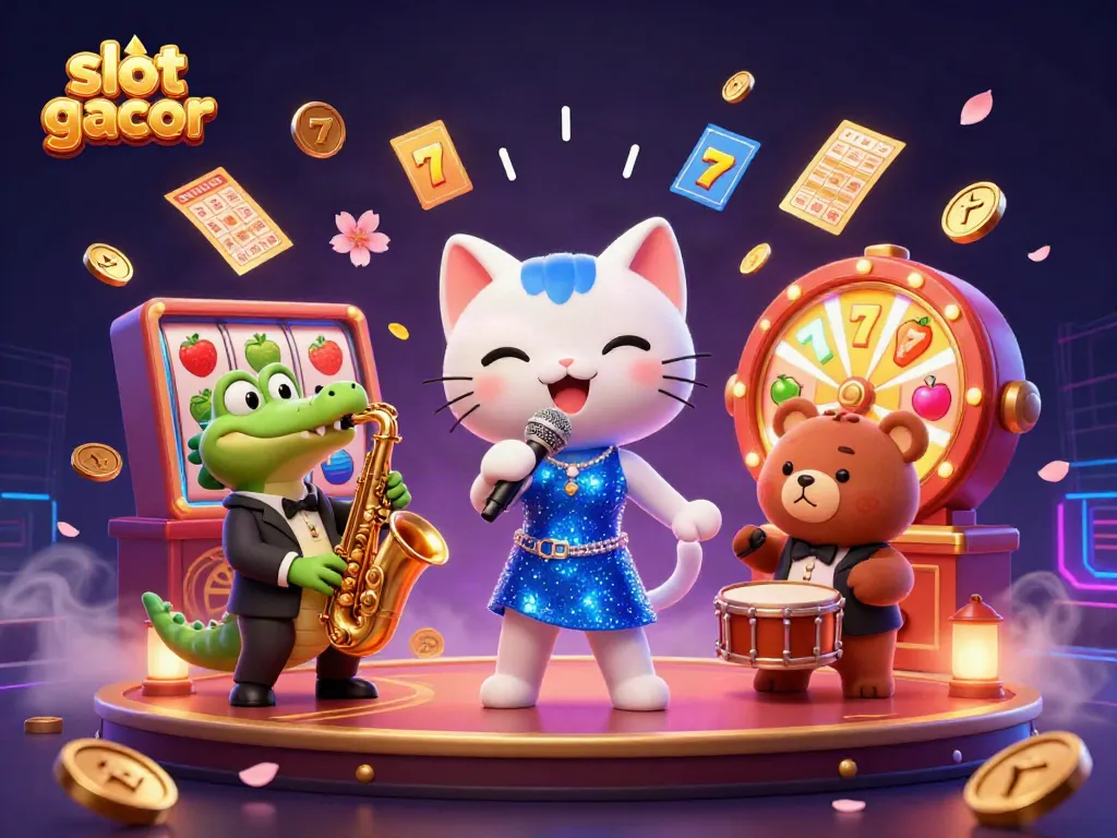 Engage in exciting slot gacor games with a vibrant casino scene featuring playful characters.