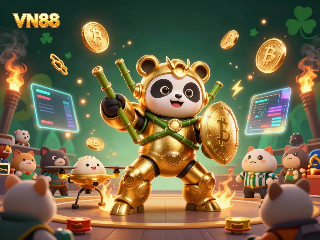 Experience thrilling gaming at VN88 with vibrant characters and crypto elements in a dynamic arena.