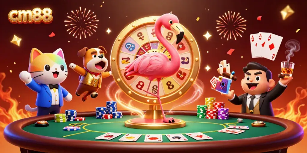 Engaging cm88 experience where a flamingo host spins a prize wheel, exciting players with vibrant gambling elements.