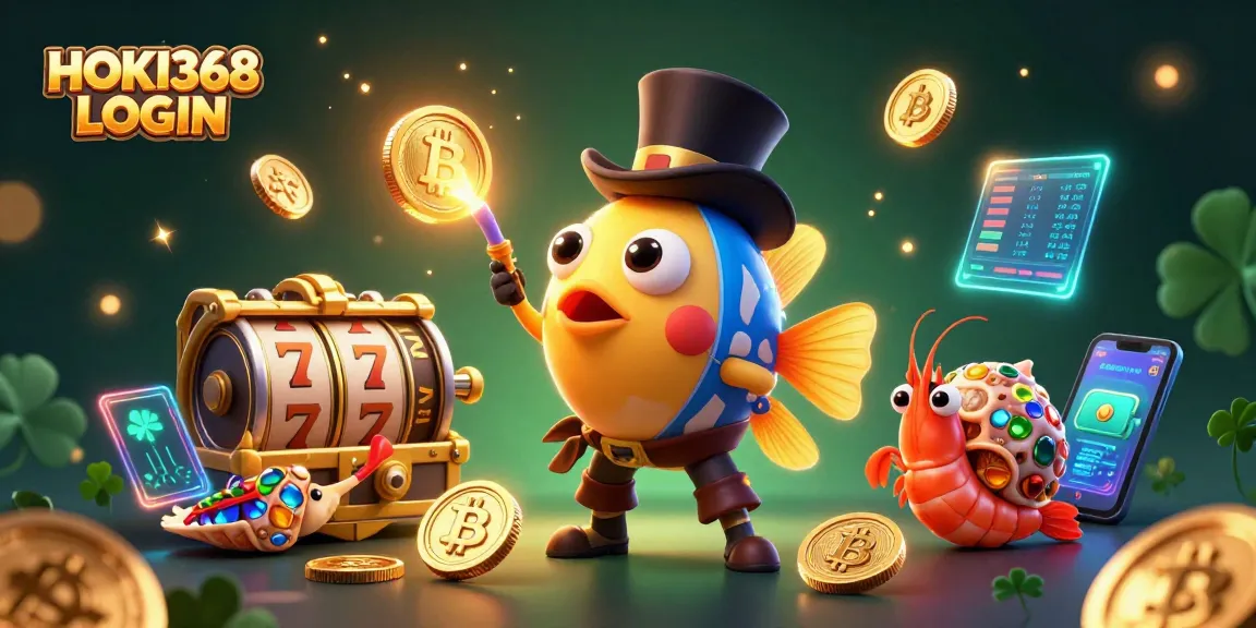 Experience exciting gameplay with HOKI368 LOGIN featuring dazzling golden coins, 3D slot reels, and vibrant characters!