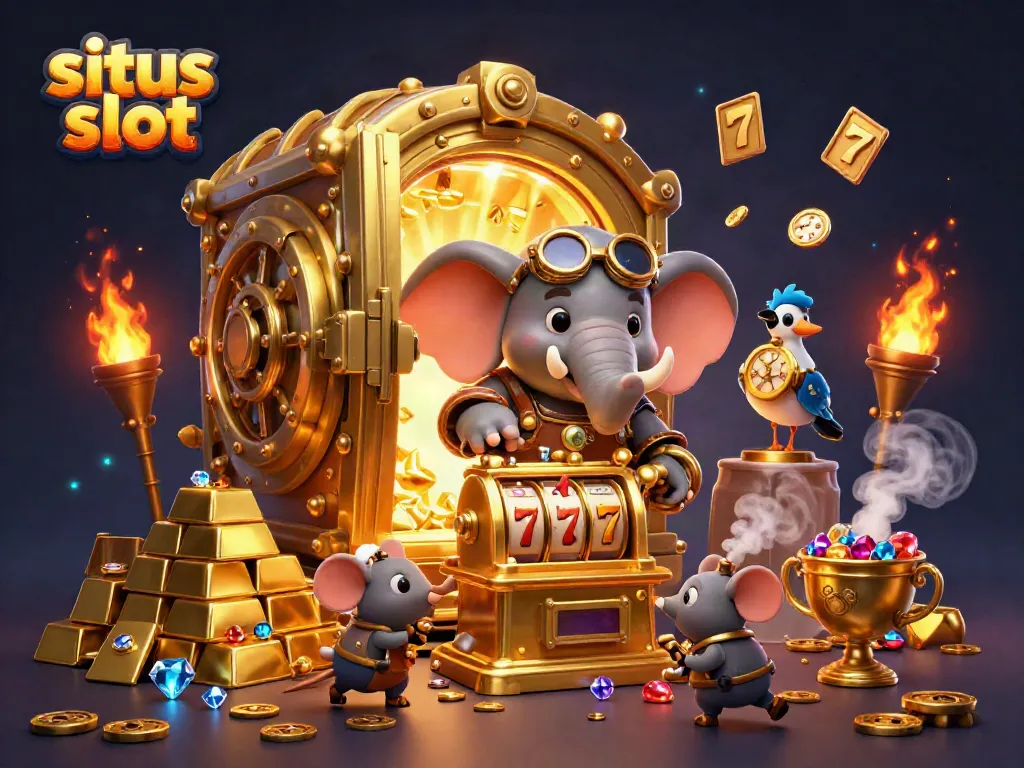 Engage in situs slot excitement with a steampunk elephant engineer at a golden slot machine.