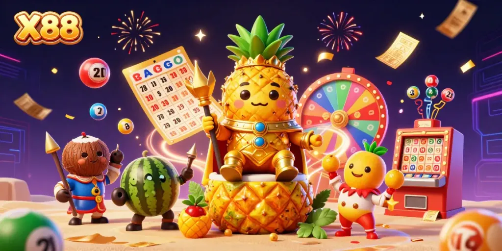 X88 offers dynamic gaming excitement with cartoon casino characters in a vibrant setting.