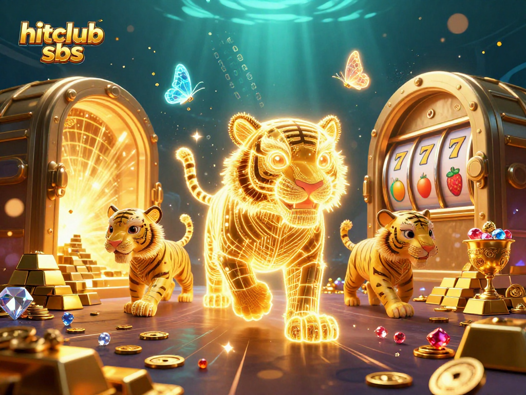 The vibrant scene showcases hitclub sbs with a neon tiger amidst dazzling slot reels and sparkling gold elements.