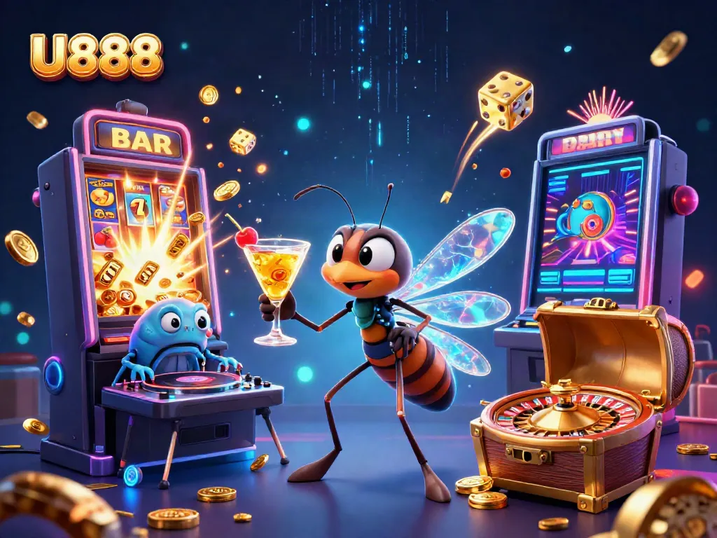 Experience the thrill of U888 with a vibrant 3D casino scene featuring unique characters and game elements.