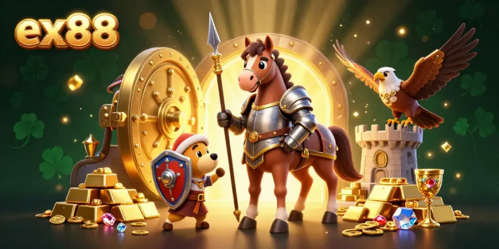 Join the ex88 adventure with a medieval knight, squire puppy, and falcon in a vibrant casino treasure setting.