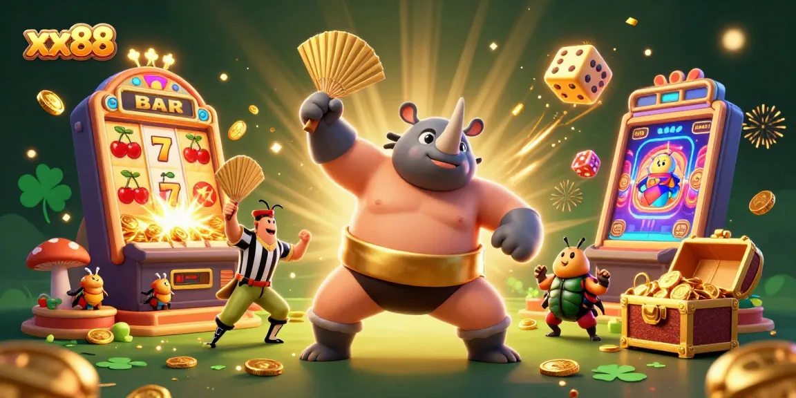 Experience the thrill of xx88 with a dynamic illustration showcasing a powerful sumo beetle, coins flying, and exciting casino elements.