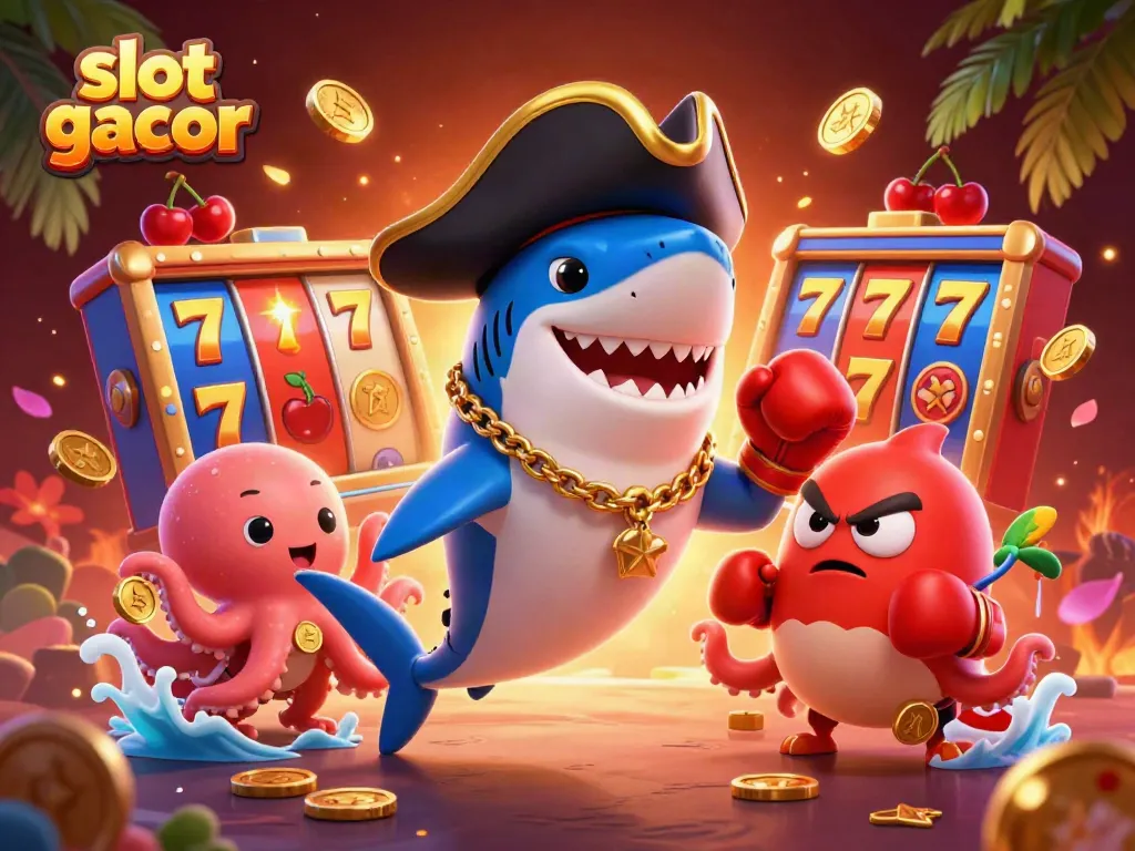Experience the thrill of slot gacor with a cartoon shark, pufferfish, and octopus surrounded by rich gaming symbols.