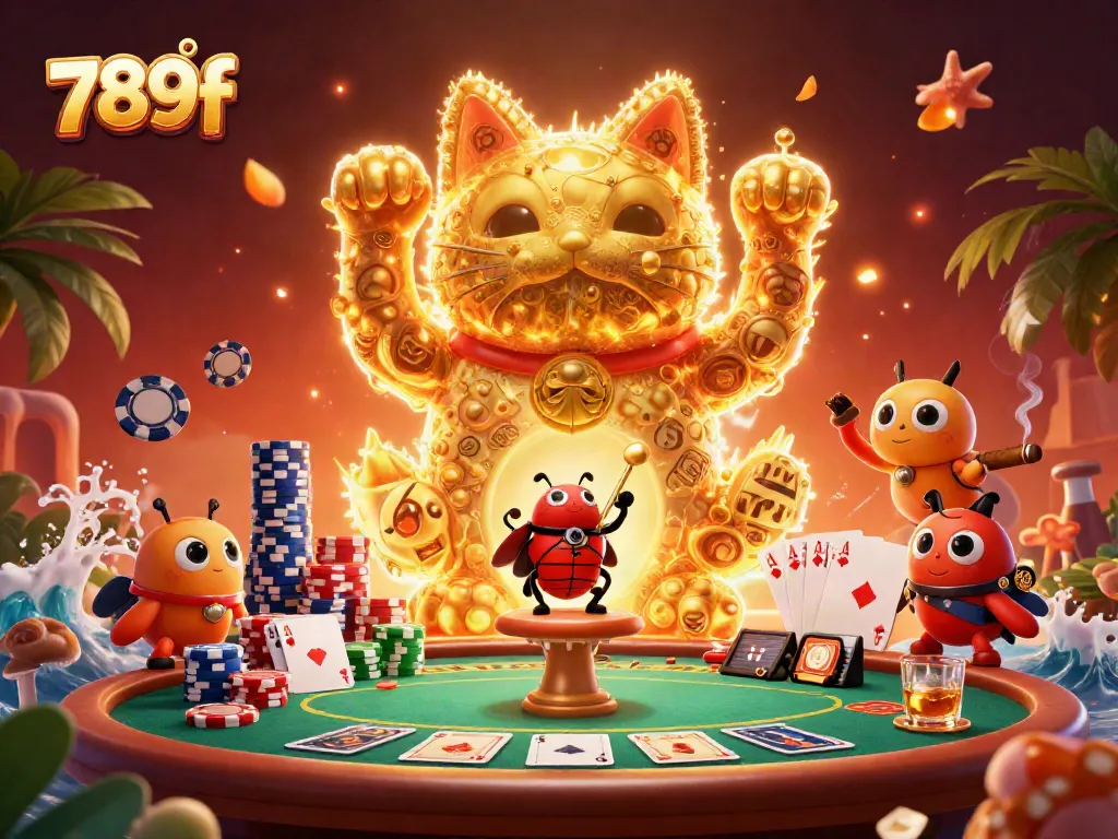 Engage in vibrant 789f casino games with a lucky cat made of fireflies, surrounded by poker elements.