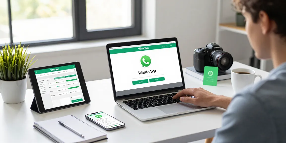 Using WhatsApp網頁版 on a modern workspace with laptop, smartphone, and tablet.
