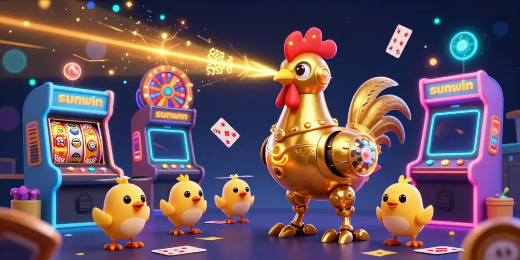 Experience thrilling gameplay with sunwin, featuring a golden rooster robot and playful chick drones amidst iconic casino elements.