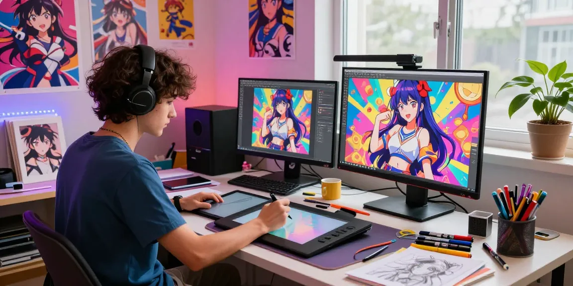 AI ecchi character creation in a vibrant digital art studio with an artist and creative tools.