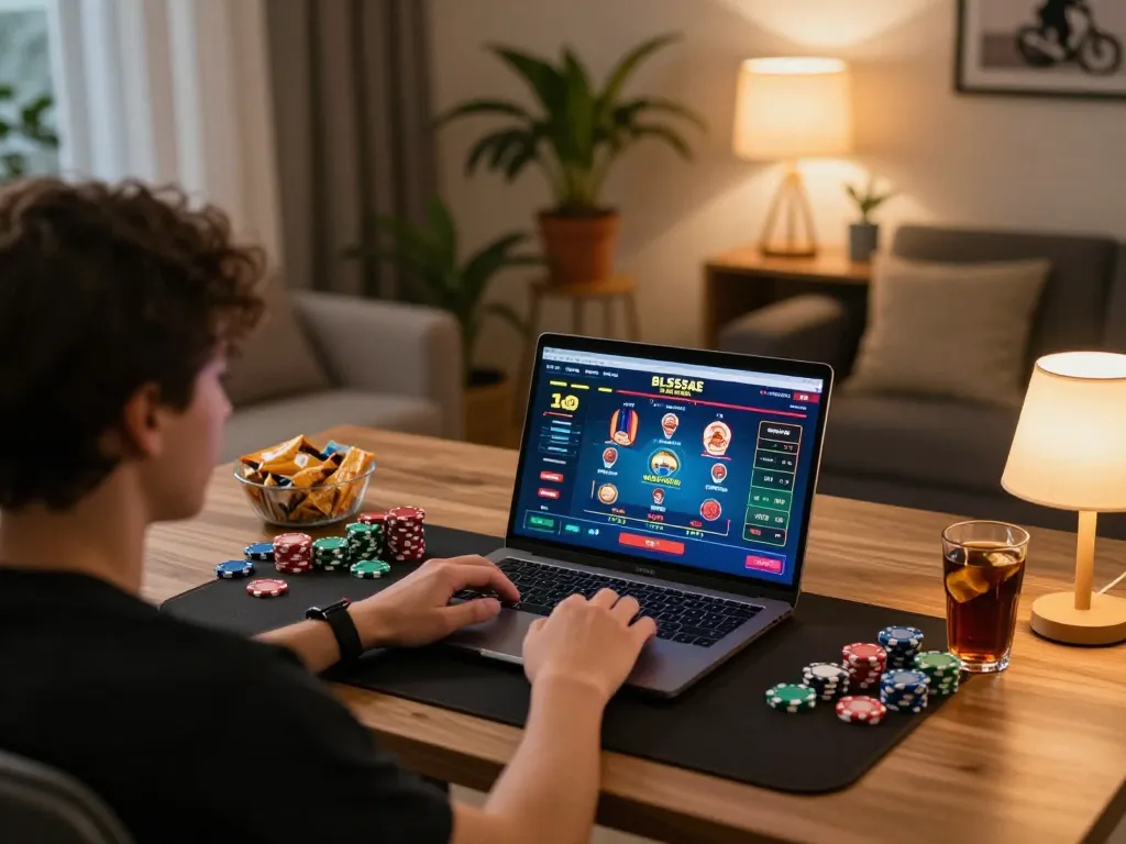 Player engaging with the BL555AE online casino platform in a cozy home setting, focused on gaming strategies.