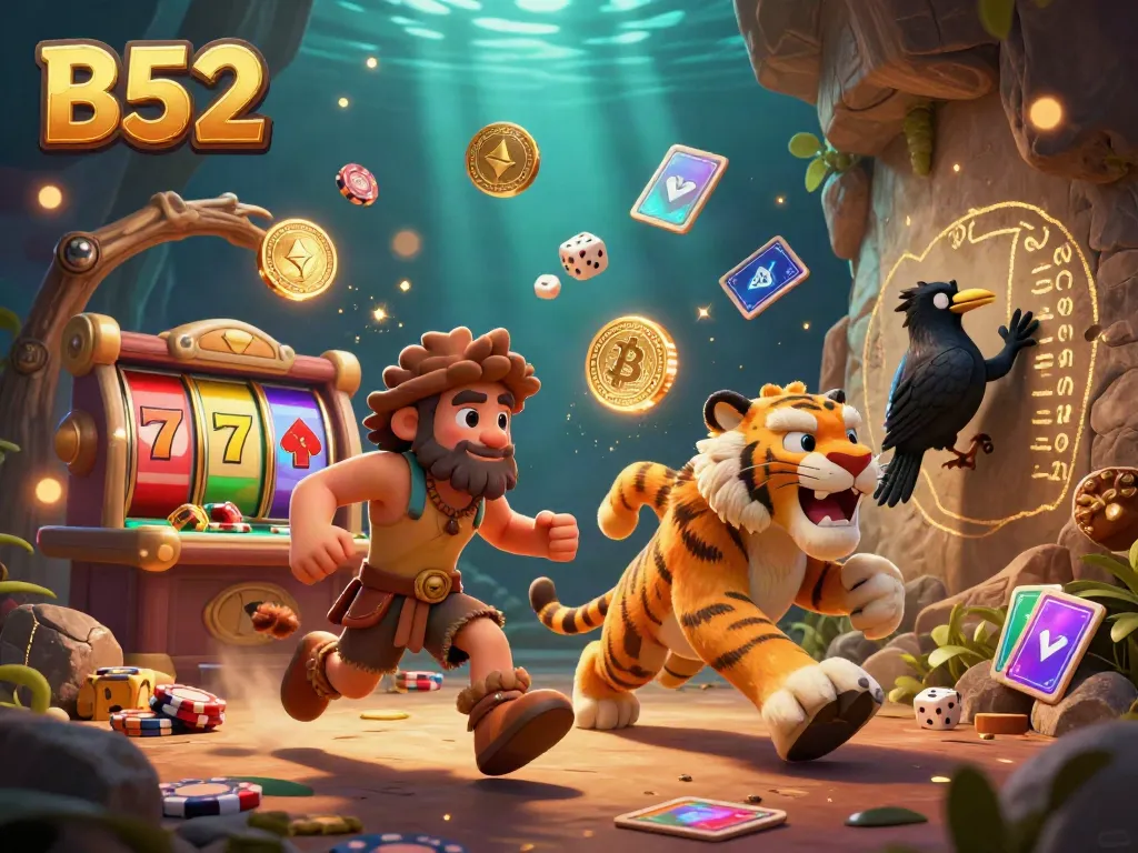 Experience the B52 prehistoric casino with caveman characters winning with slot machines and crypto.