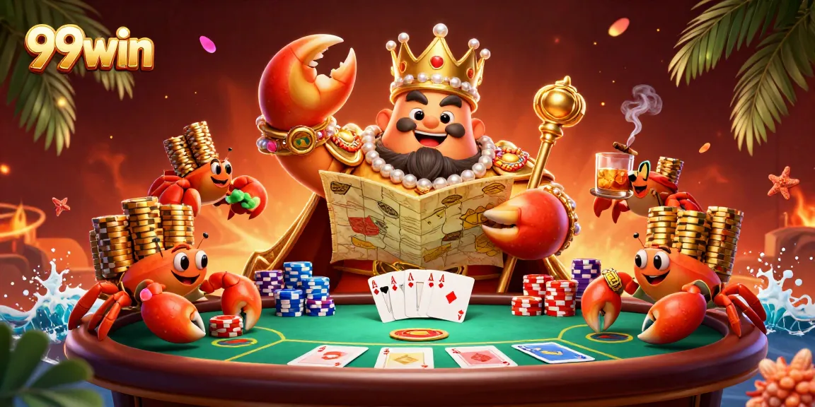 Experience the excitement of 99win with a vibrant casino scene featuring a golden crab emperor and poker elements.
