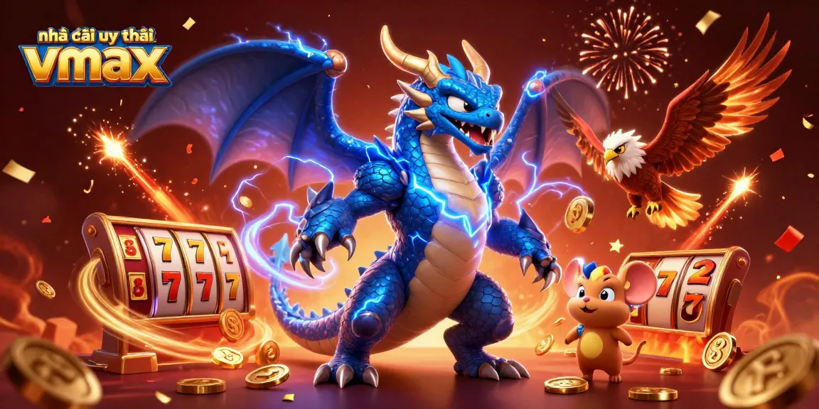 Play exciting games at nhà cái uy tín Vmax with a stunning 3D illustration featuring a thunder dragon and lively casino elements.