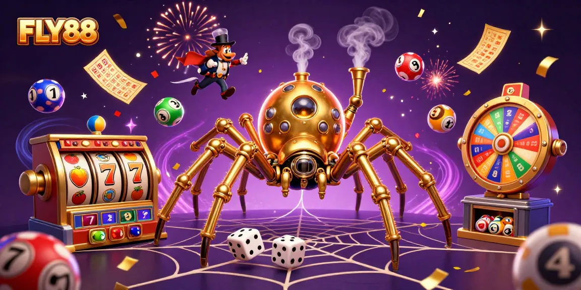 Engage in thrilling FLY88 slot games with a dynamic steampunk scene featuring golden spider-themed characters.