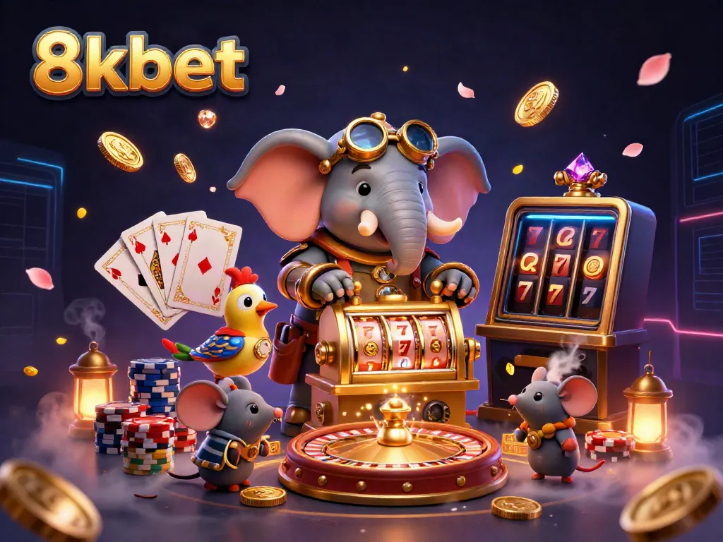 Experience exciting gaming at 8kbet with a vibrant scene of an elephant engineer operating a golden slot machine.