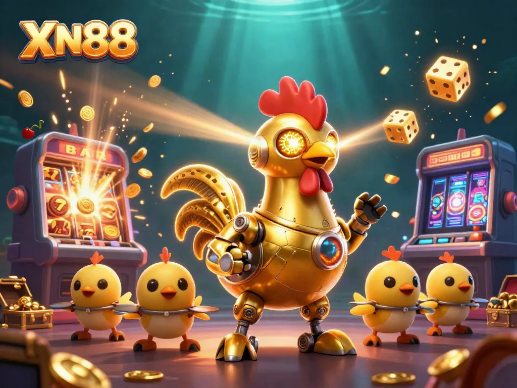 XN88's thrilling casino scene featuring a golden rooster robot and baby chick drones amidst exciting gaming elements.